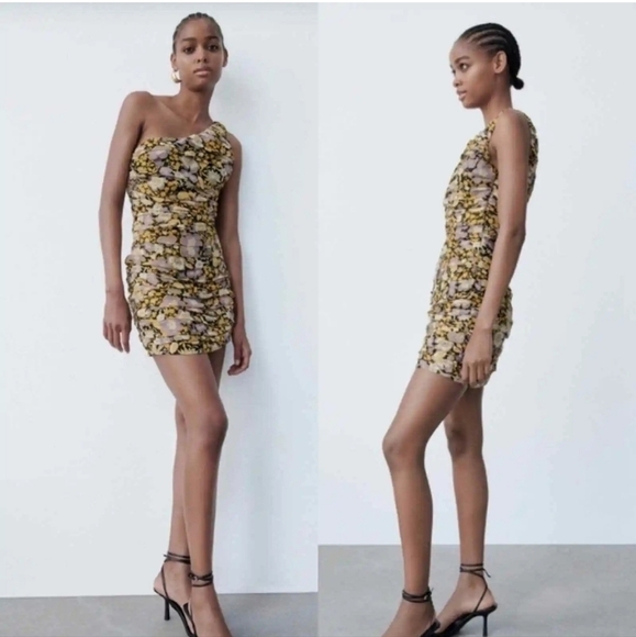 NWT ZARA FLORAL ONE SHOULDER RUCHED MINI DRESS - Picture 3 of 7